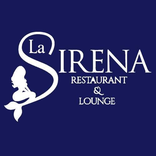 La Sirena Puerto Morelos logo featuring navy background with white lettering and the outline of a white mermaid.