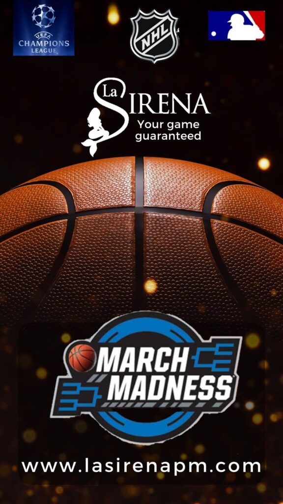 Image of the logo for La Sirena and a basketball with the March Madness logo on top of it.