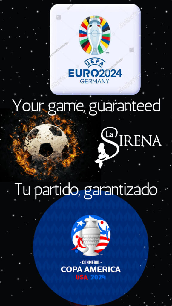 An image of a soccer ball with the logo for La Sirena Puerto Morelos and the Euro2004 saying "Your game guaranteed" and "Tu partido guarantizado".